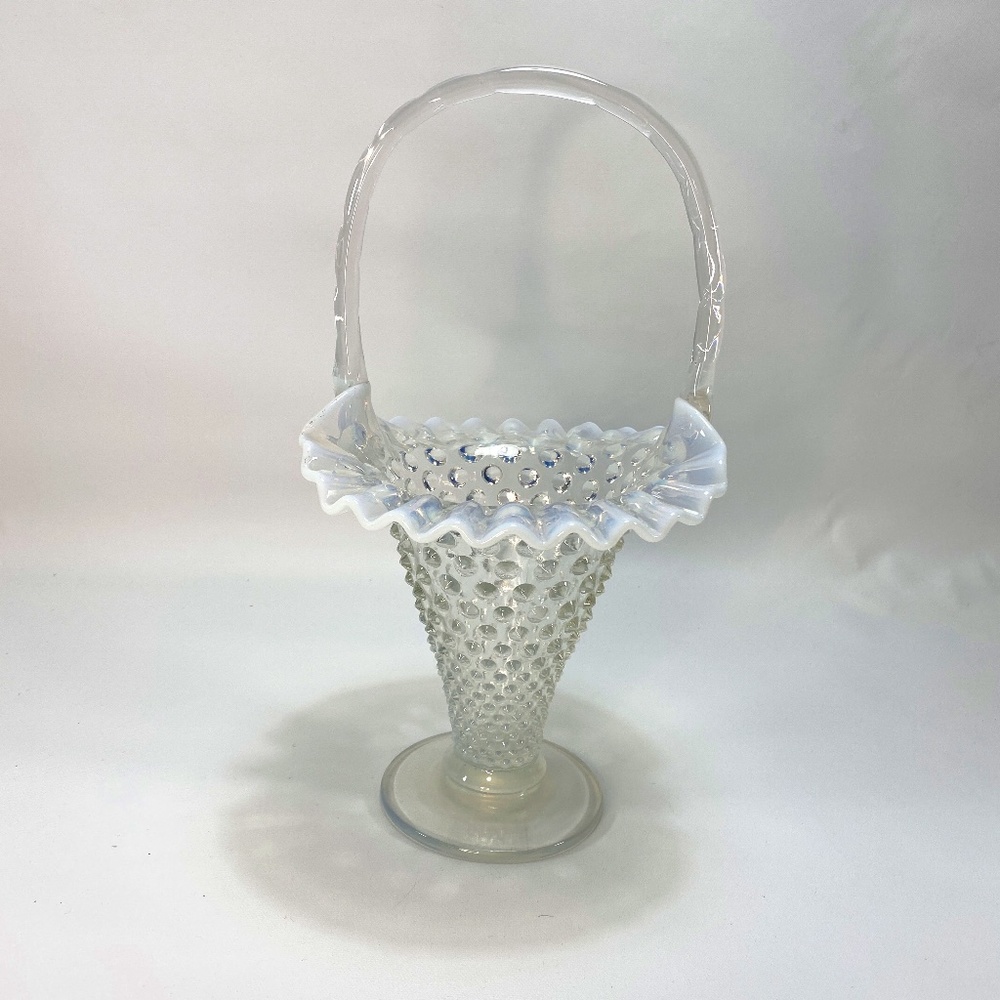 Vintage 40s French Opal Hobnail Ruffle Footed Handle Flower Basket 12" Sm Flaw
